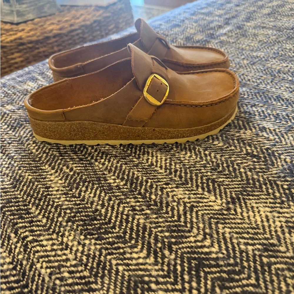 Brown Suede Slip-On Clogs with Buckle - Picture 7 of 9